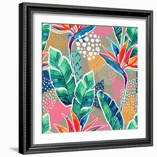 Watercolor Tropical Flowers with Contour on Geometric Background. Hand Drawn Bird-Of-Paradise Flowe-null-Framed Art Print