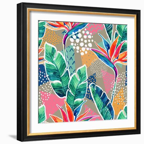 Watercolor Tropical Flowers with Contour on Geometric Background. Hand Drawn Bird-Of-Paradise Flowe-null-Framed Art Print