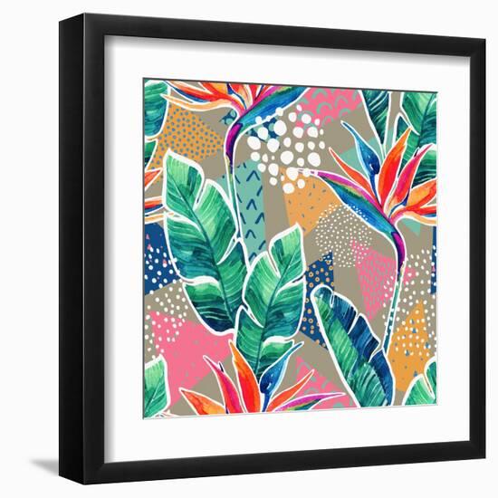 Watercolor Tropical Flowers with Contour on Geometric Background. Hand Drawn Bird-Of-Paradise Flowe-null-Framed Art Print