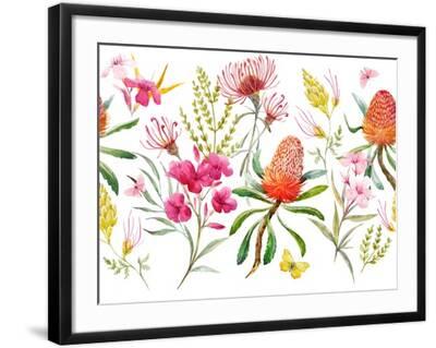Watercolor Tropical Horizontal Pattern , Flowers, Banksias Orange, Oleander Pink, Exotic Australian