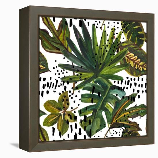 Watercolor Tropical Leaf Pattern - Unusual Leaves on Doodle Background-tanycya-Framed Stretched Canvas