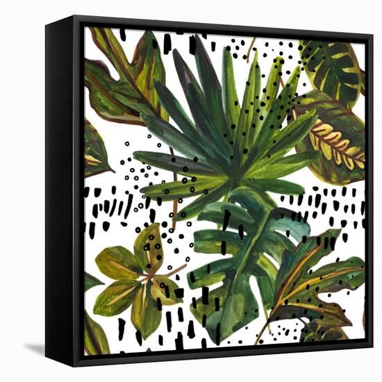 Watercolor Tropical Leaf Pattern - Unusual Leaves on Doodle Background-tanycya-Framed Stretched Canvas