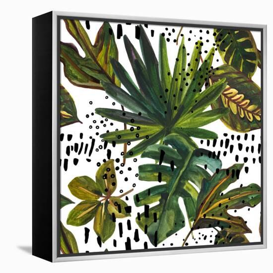 Watercolor Tropical Leaf Pattern - Unusual Leaves on Doodle Background-tanycya-Framed Stretched Canvas