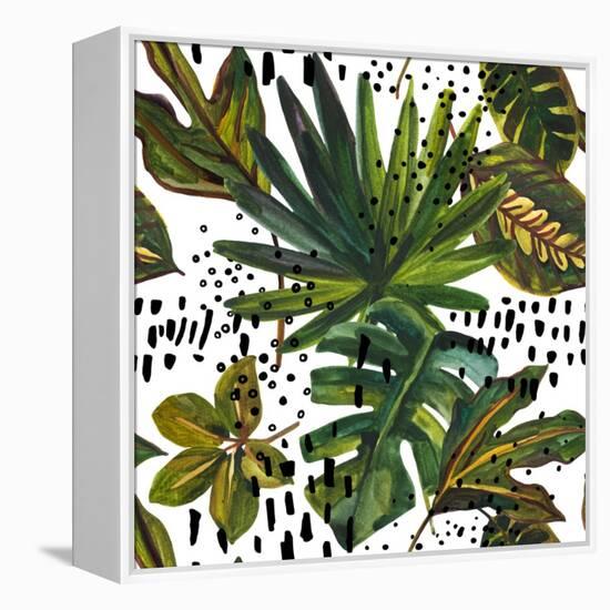 Watercolor Tropical Leaf Pattern - Unusual Leaves on Doodle Background-tanycya-Framed Stretched Canvas