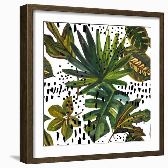 Watercolor Tropical Leaf Pattern - Unusual Leaves on Doodle Background-tanycya-Framed Art Print