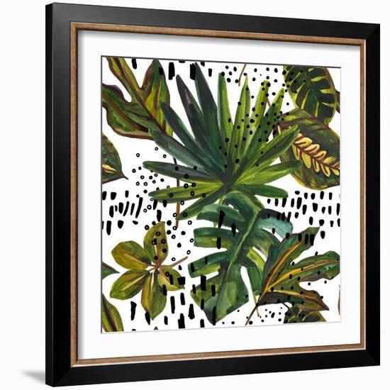 Watercolor Tropical Leaf Pattern - Unusual Leaves on Doodle Background-tanycya-Framed Art Print