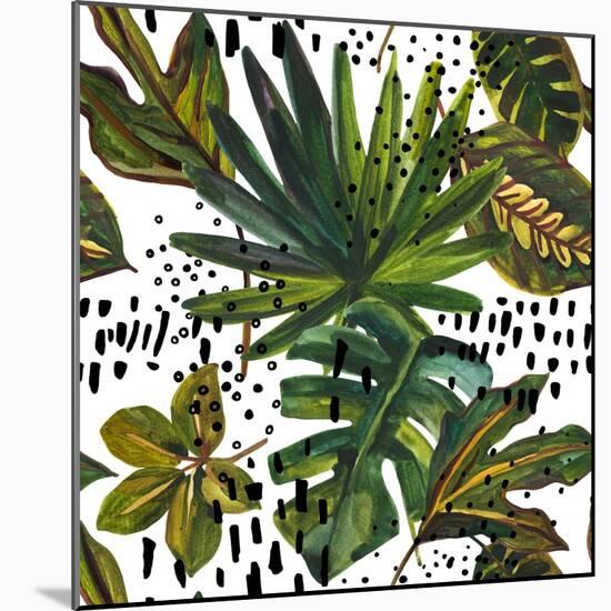 Watercolor Tropical Leaf Pattern - Unusual Leaves on Doodle Background-tanycya-Mounted Art Print