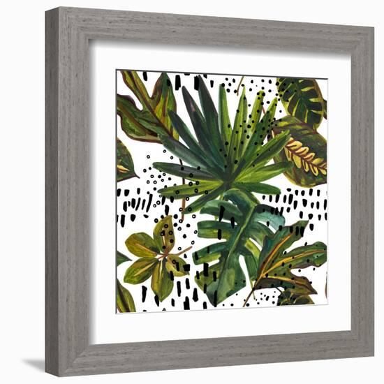 Watercolor Tropical Leaf Pattern - Unusual Leaves on Doodle Background-tanycya-Framed Art Print