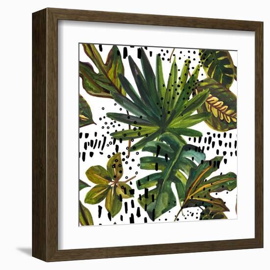 Watercolor Tropical Leaf Pattern - Unusual Leaves on Doodle Background-tanycya-Framed Art Print