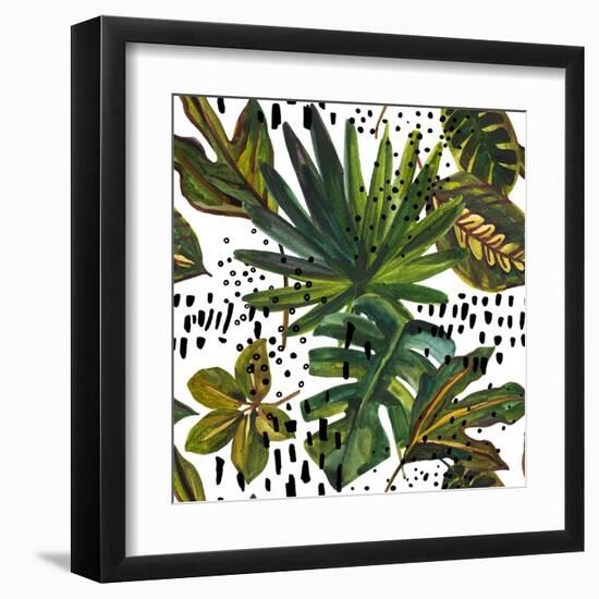 Watercolor Tropical Leaf Pattern - Unusual Leaves on Doodle Background-tanycya-Framed Art Print