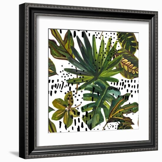 Watercolor Tropical Leaf Pattern - Unusual Leaves on Doodle Background-tanycya-Framed Art Print