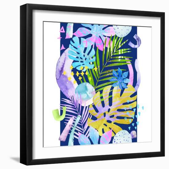 Watercolor Tropical Leaves and Geometric Shapes-tanycya-Framed Premium Giclee Print