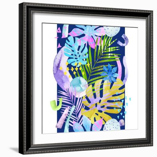 Watercolor Tropical Leaves and Geometric Shapes-tanycya-Framed Premium Giclee Print