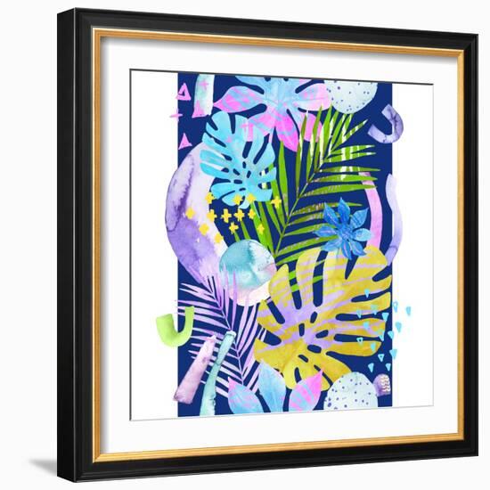 Watercolor Tropical Leaves and Geometric Shapes-tanycya-Framed Premium Giclee Print