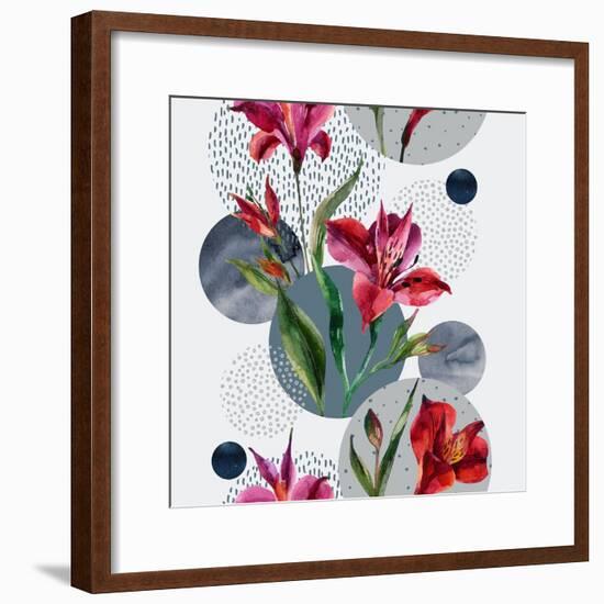 Watercolor Tropical Leaves and Geometric Shapes-tanycya-Framed Premium Giclee Print