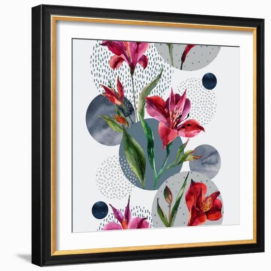 Watercolor Tropical Leaves and Geometric Shapes-tanycya-Framed Art Print