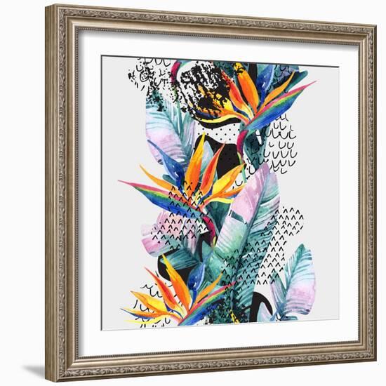 Watercolor Tropical Leaves and Geometric Shapes-tanycya-Framed Art Print