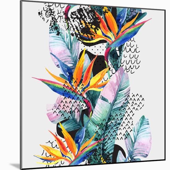 Watercolor Tropical Leaves and Geometric Shapes-tanycya-Mounted Art Print