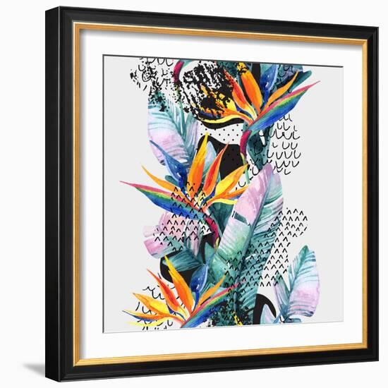 Watercolor Tropical Leaves and Geometric Shapes-tanycya-Framed Art Print