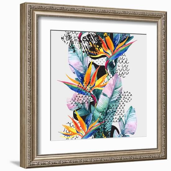 Watercolor Tropical Leaves and Geometric Shapes-tanycya-Framed Art Print