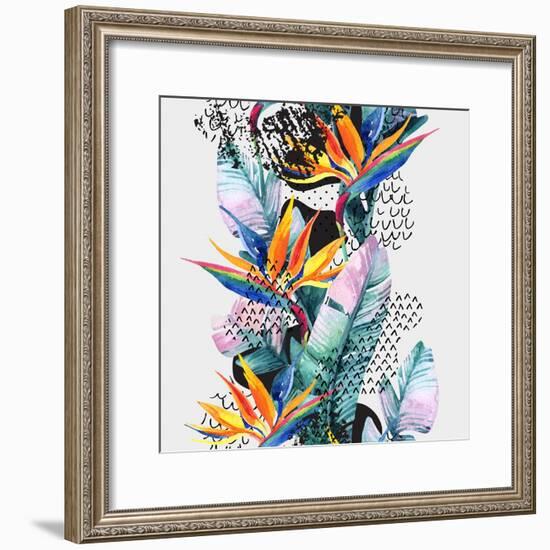 Watercolor Tropical Leaves and Geometric Shapes-tanycya-Framed Premium Giclee Print