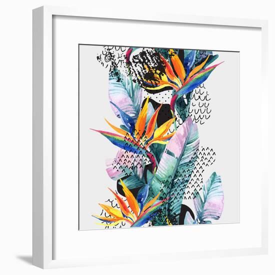 Watercolor Tropical Leaves and Geometric Shapes-tanycya-Framed Premium Giclee Print