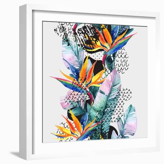 Watercolor Tropical Leaves and Geometric Shapes-tanycya-Framed Premium Giclee Print