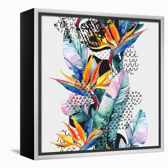 Watercolor Tropical Leaves and Geometric Shapes-tanycya-Framed Stretched Canvas