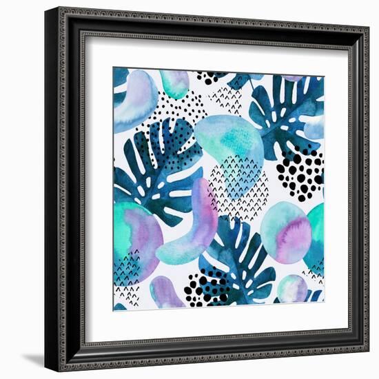 Watercolor Tropical Leaves and Geometric Shapes-tanycya-Framed Art Print