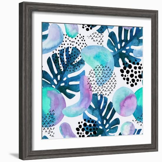 Watercolor Tropical Leaves and Geometric Shapes-tanycya-Framed Premium Giclee Print