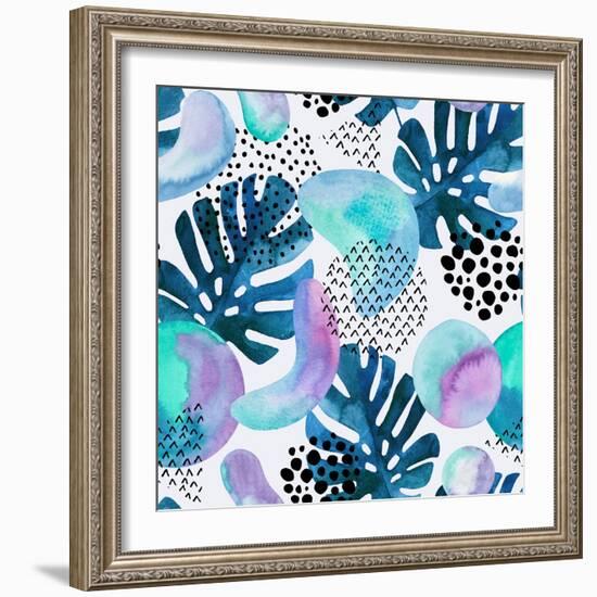 Watercolor Tropical Leaves and Geometric Shapes-tanycya-Framed Art Print