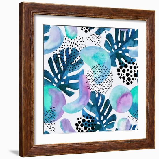 Watercolor Tropical Leaves and Geometric Shapes-tanycya-Framed Art Print