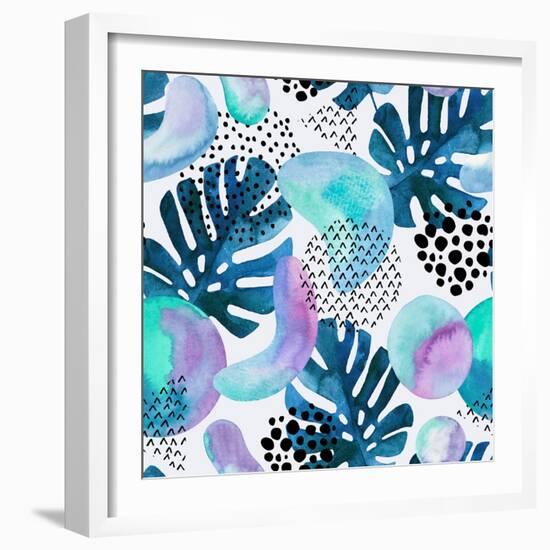 Watercolor Tropical Leaves and Geometric Shapes-tanycya-Framed Art Print