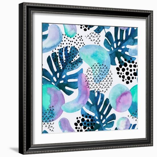 Watercolor Tropical Leaves and Geometric Shapes-tanycya-Framed Art Print