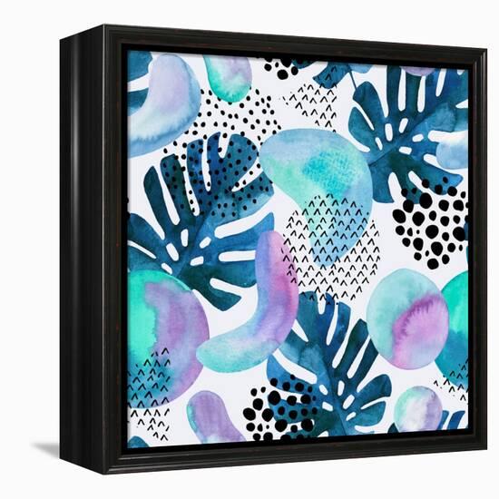 Watercolor Tropical Leaves and Geometric Shapes-tanycya-Framed Stretched Canvas