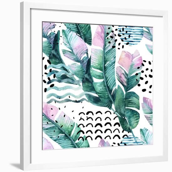 Watercolor Tropical Leaves and Geometric Shapes-tanycya-Framed Art Print