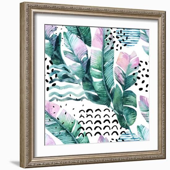 Watercolor Tropical Leaves and Geometric Shapes-tanycya-Framed Art Print