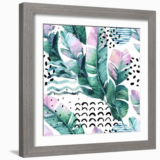 Watercolor Tropical Leaves and Geometric Shapes-tanycya-Framed Art Print