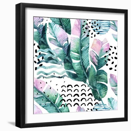 Watercolor Tropical Leaves and Geometric Shapes-tanycya-Framed Art Print