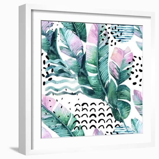 Watercolor Tropical Leaves and Geometric Shapes-tanycya-Framed Art Print