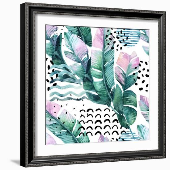 Watercolor Tropical Leaves and Geometric Shapes-tanycya-Framed Art Print