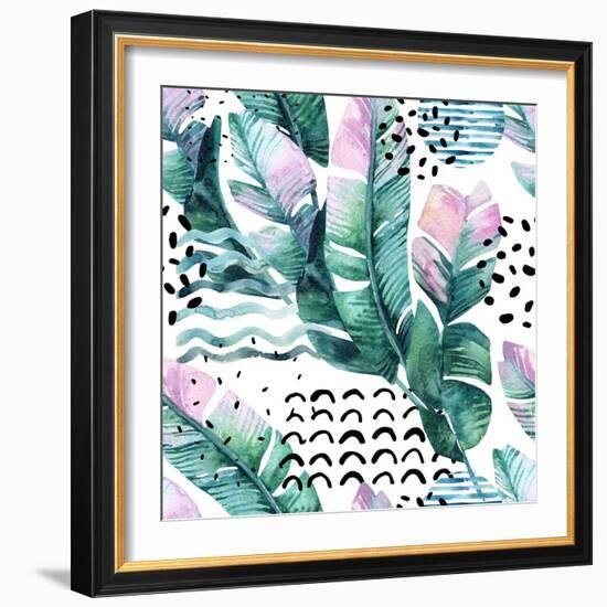 Watercolor Tropical Leaves and Geometric Shapes-tanycya-Framed Art Print