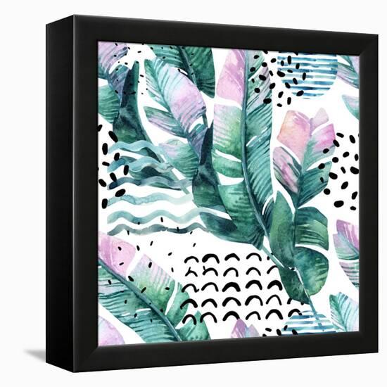 Watercolor Tropical Leaves and Geometric Shapes-tanycya-Framed Stretched Canvas