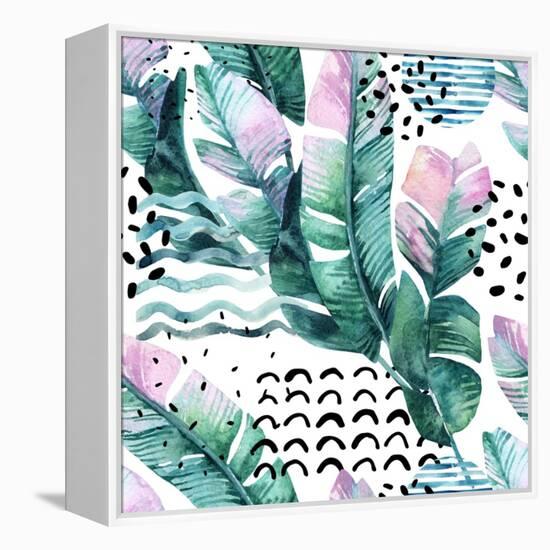 Watercolor Tropical Leaves and Geometric Shapes-tanycya-Framed Stretched Canvas