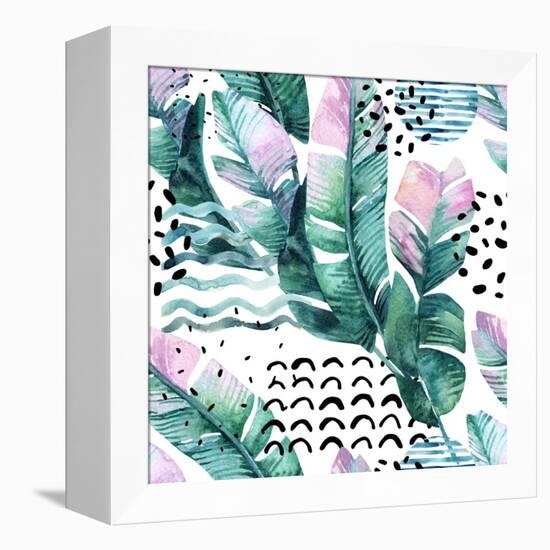 Watercolor Tropical Leaves and Geometric Shapes-tanycya-Framed Stretched Canvas