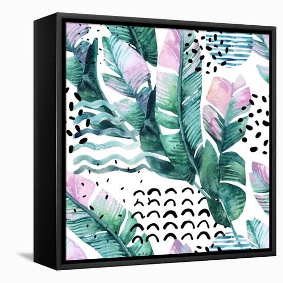 Watercolor Tropical Leaves and Geometric Shapes-tanycya-Framed Stretched Canvas