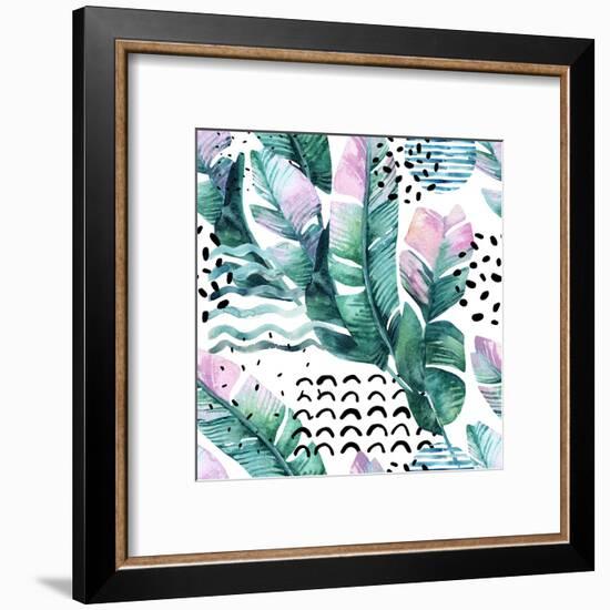 Watercolor Tropical Leaves and Geometric Shapes-tanycya-Framed Art Print