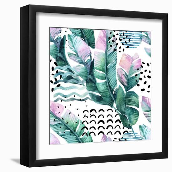 Watercolor Tropical Leaves and Geometric Shapes-tanycya-Framed Art Print