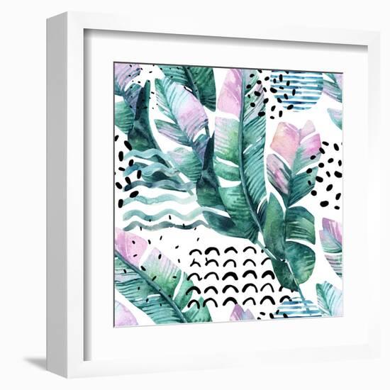 Watercolor Tropical Leaves and Geometric Shapes-tanycya-Framed Art Print