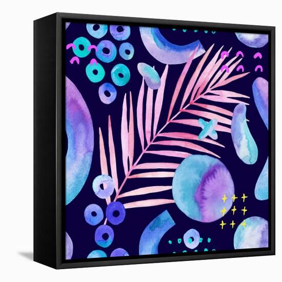 Watercolor Tropical Leaves on Geometric Background-tanycya-Framed Stretched Canvas